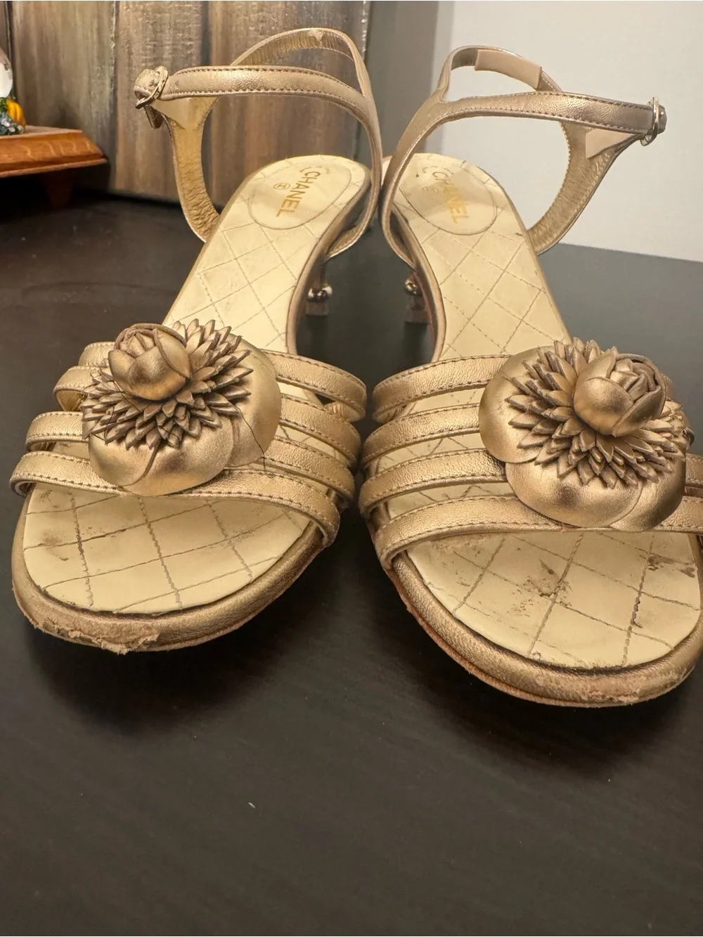 CHANEL metallic gold Camellia leather sandals with ankle - 39 Used